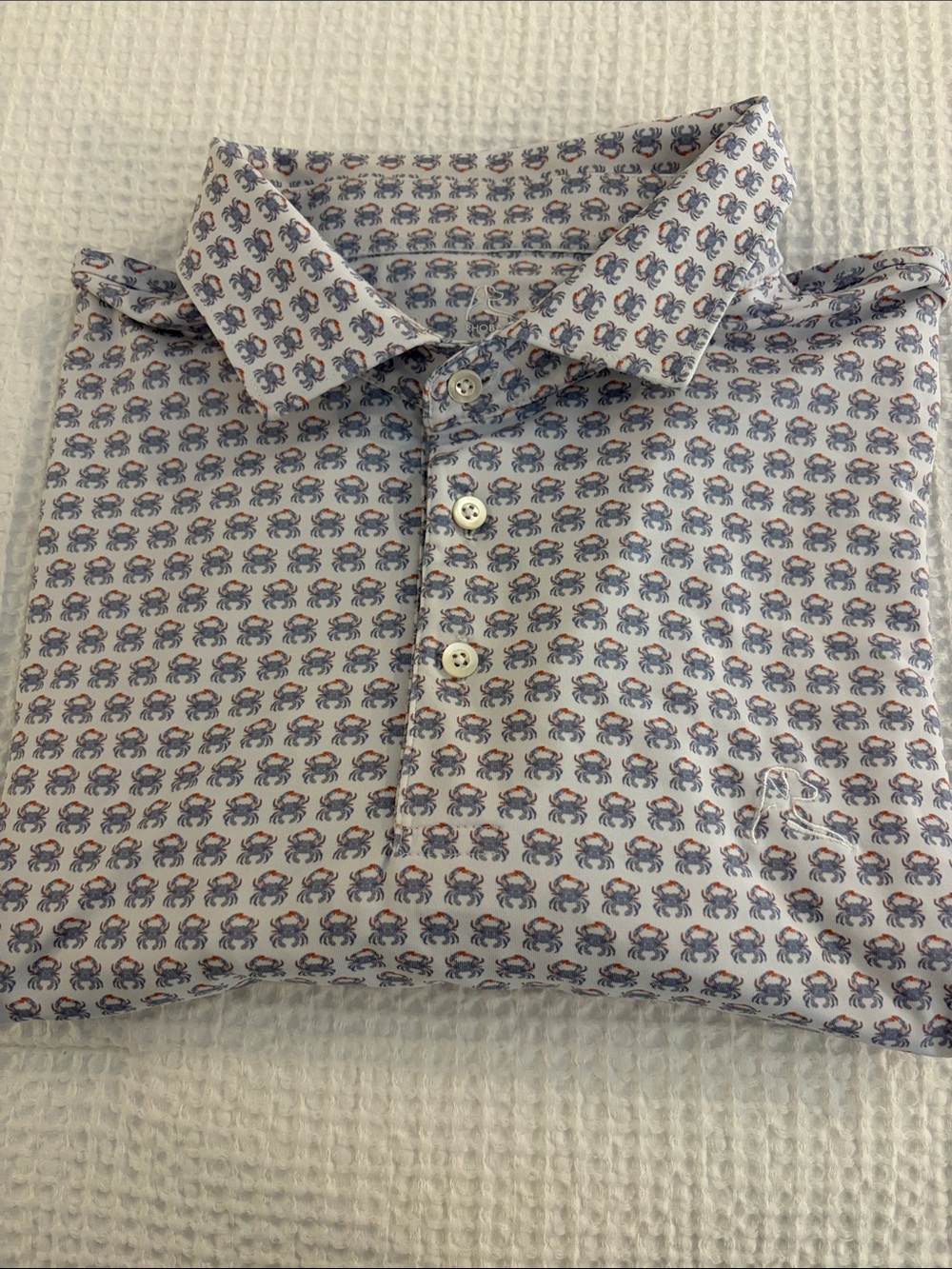 Men's Rhoback White Polo Shirt with Blue & Red Crab Print